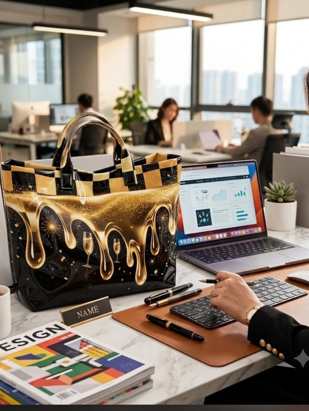 Women Liquid Golden Drip Casual Daily Commute Tote Large - Picture 2 of 6
